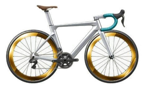 A road bike built in GRYDX from a silver aero frame, gold wheels, a teal drop bar and a brown saddle